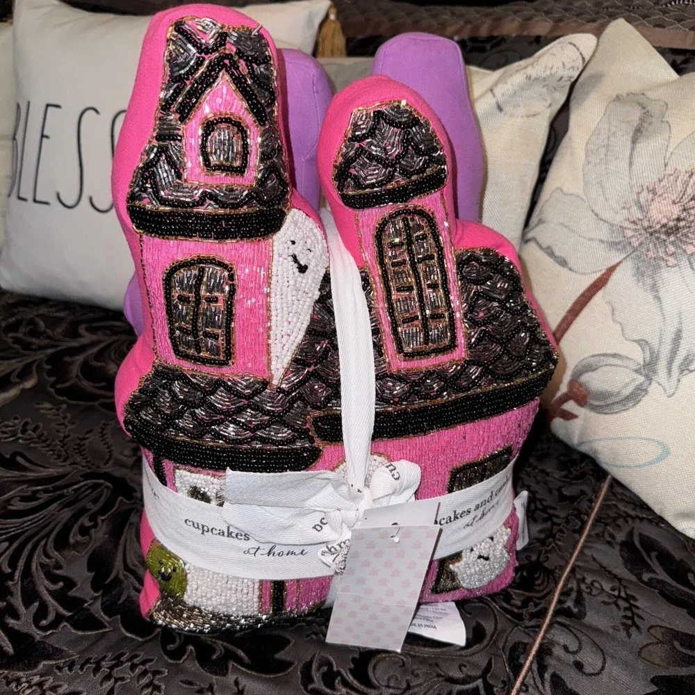 Cupcakes and Cashmere Haunted House Pillows Pink Purple Beaded Set of 2